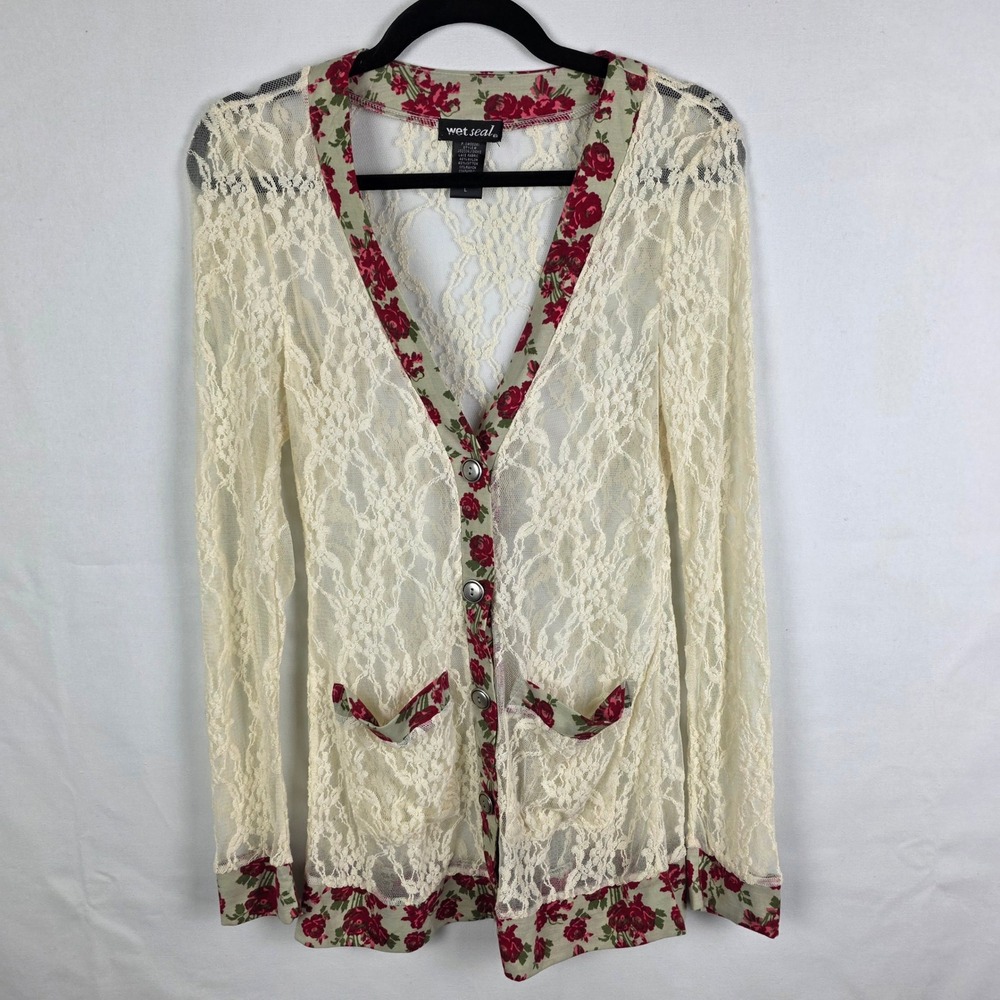 Wet Seal Cream Lace Floral Trim Button Front Cardigan Sweater Large J03004J138WS